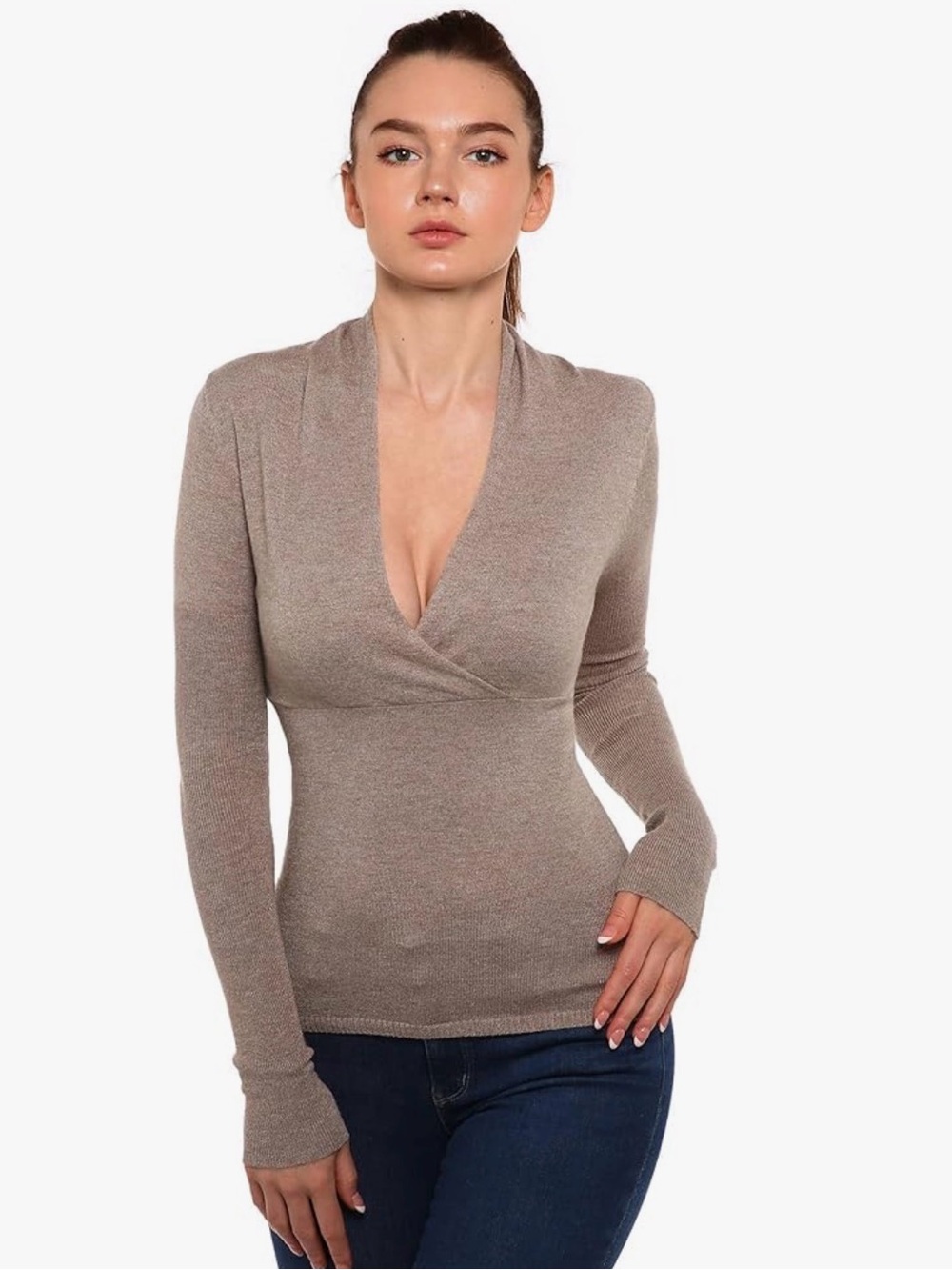 AmélieBoutik Women’s V Neck Sweater, Size XS, Light Brown/Caramel